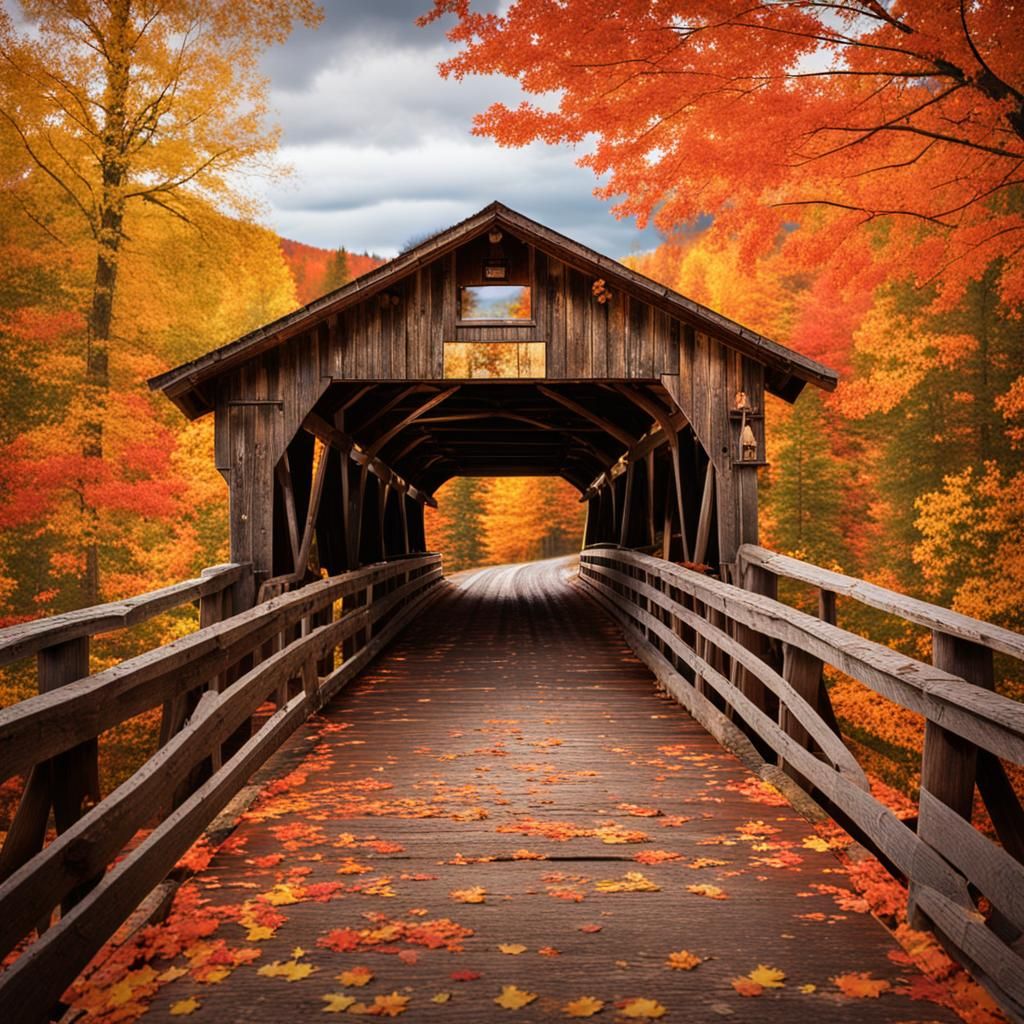 Old covered rustic wooden bridge in New Hampshire