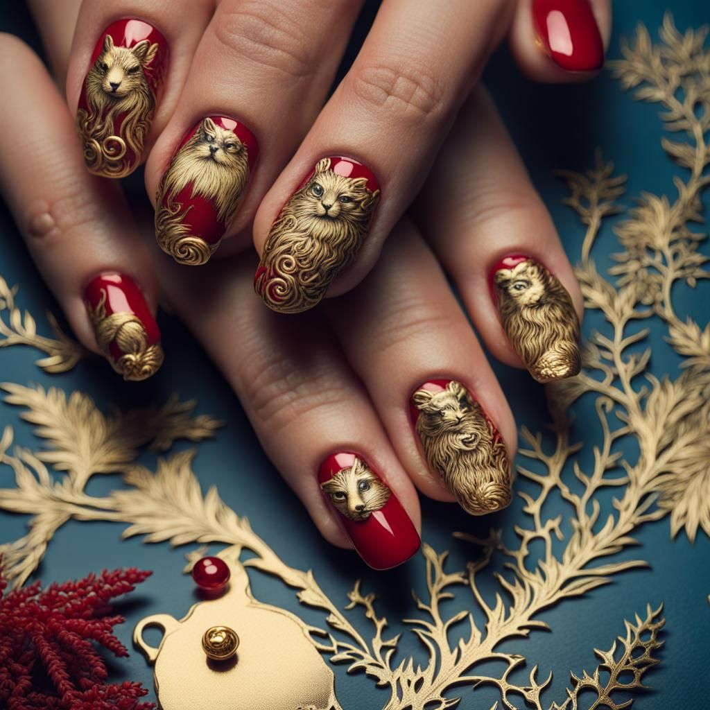 Festive Red and Gold Yule Nail Art
