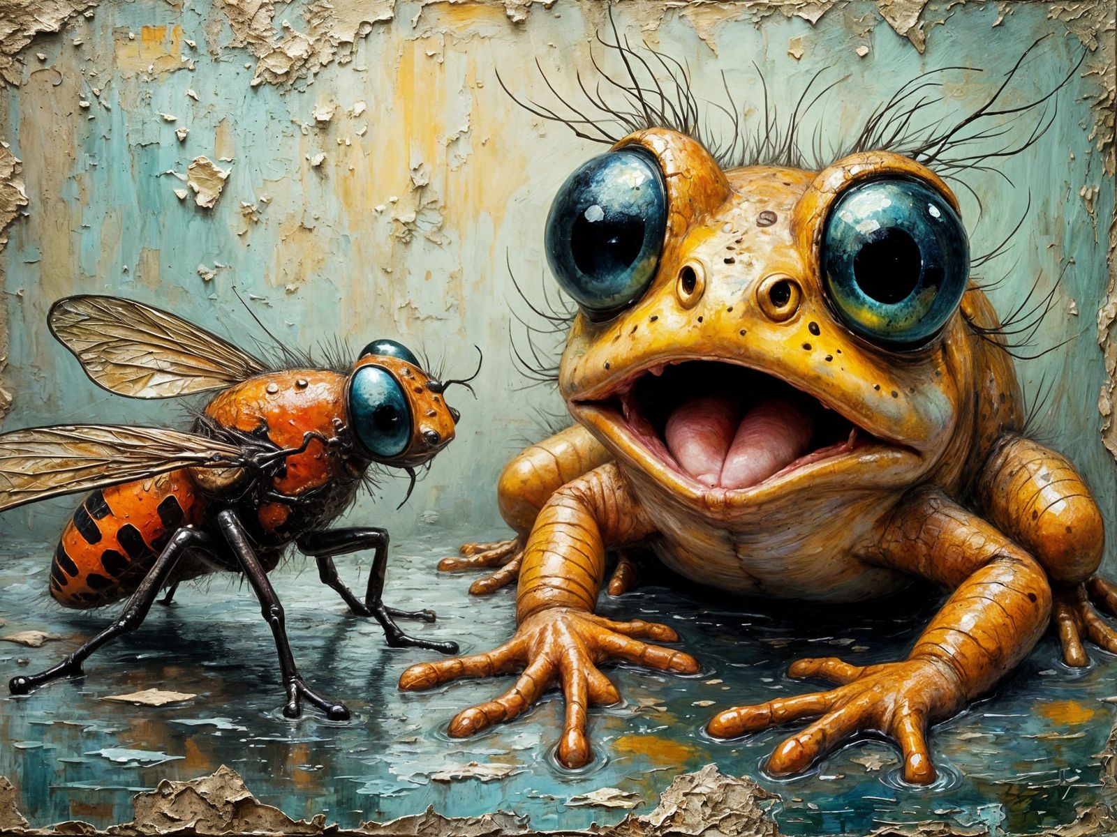 Surreal Anthropomorphic Frog Shocked by Giant Fly