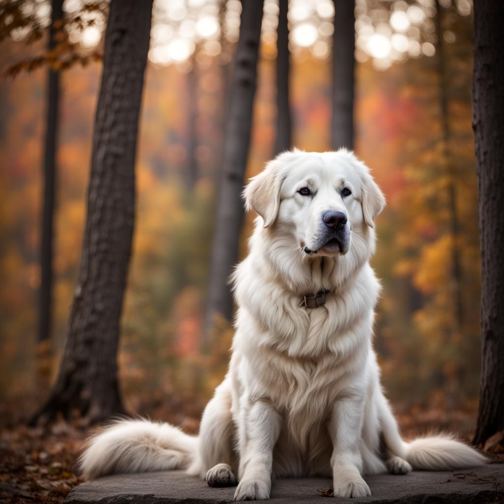 seated large white dog, great pyrenees, ominous, evil-lookin...