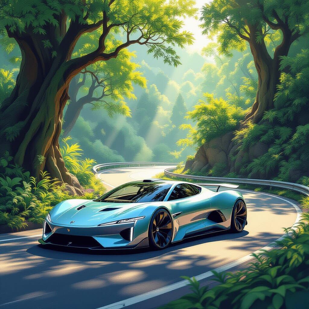 Futuristic Sports Car on Mountain Road in Hyperrealistic Sty...