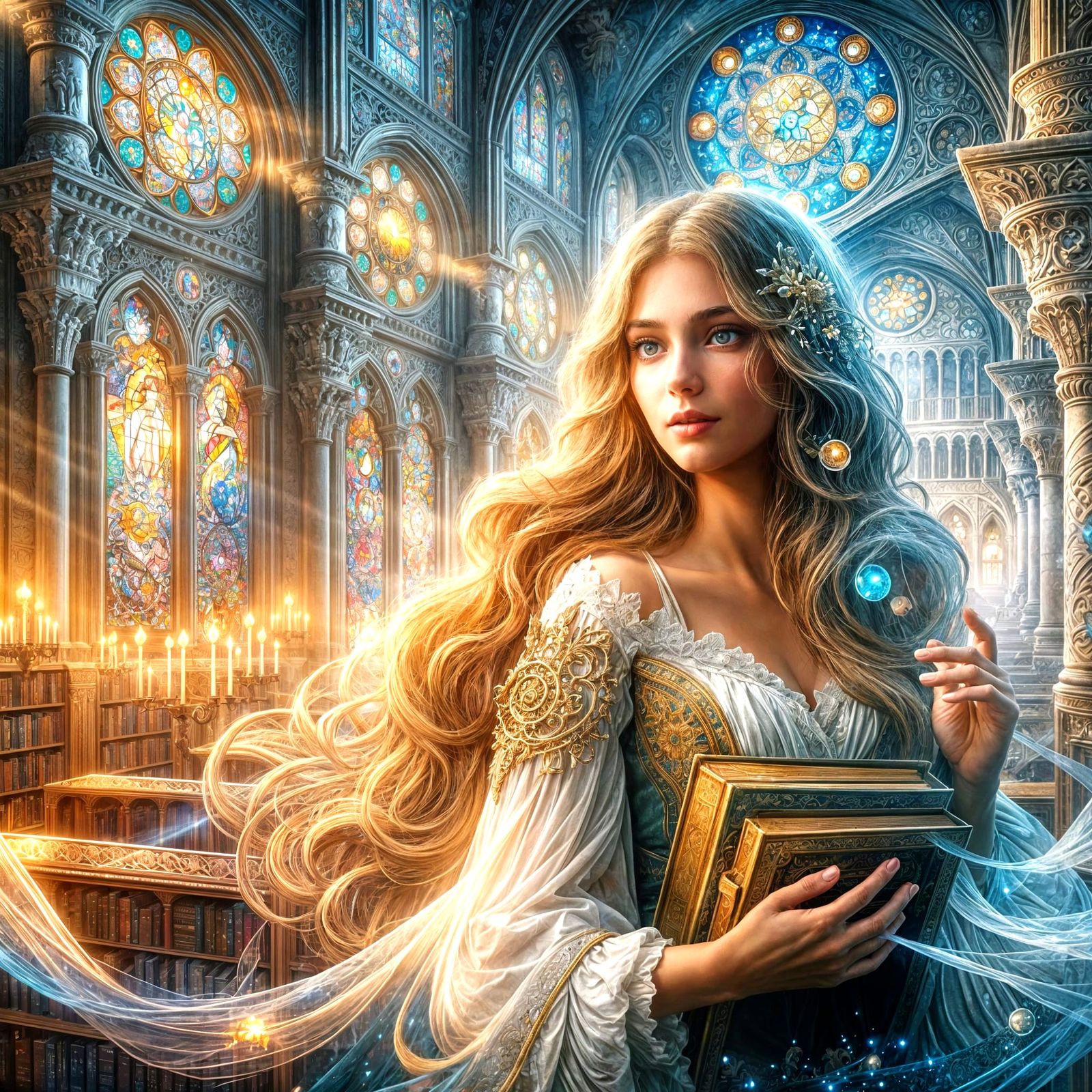 Sorceress in Floating Castle Library, Oil Painting