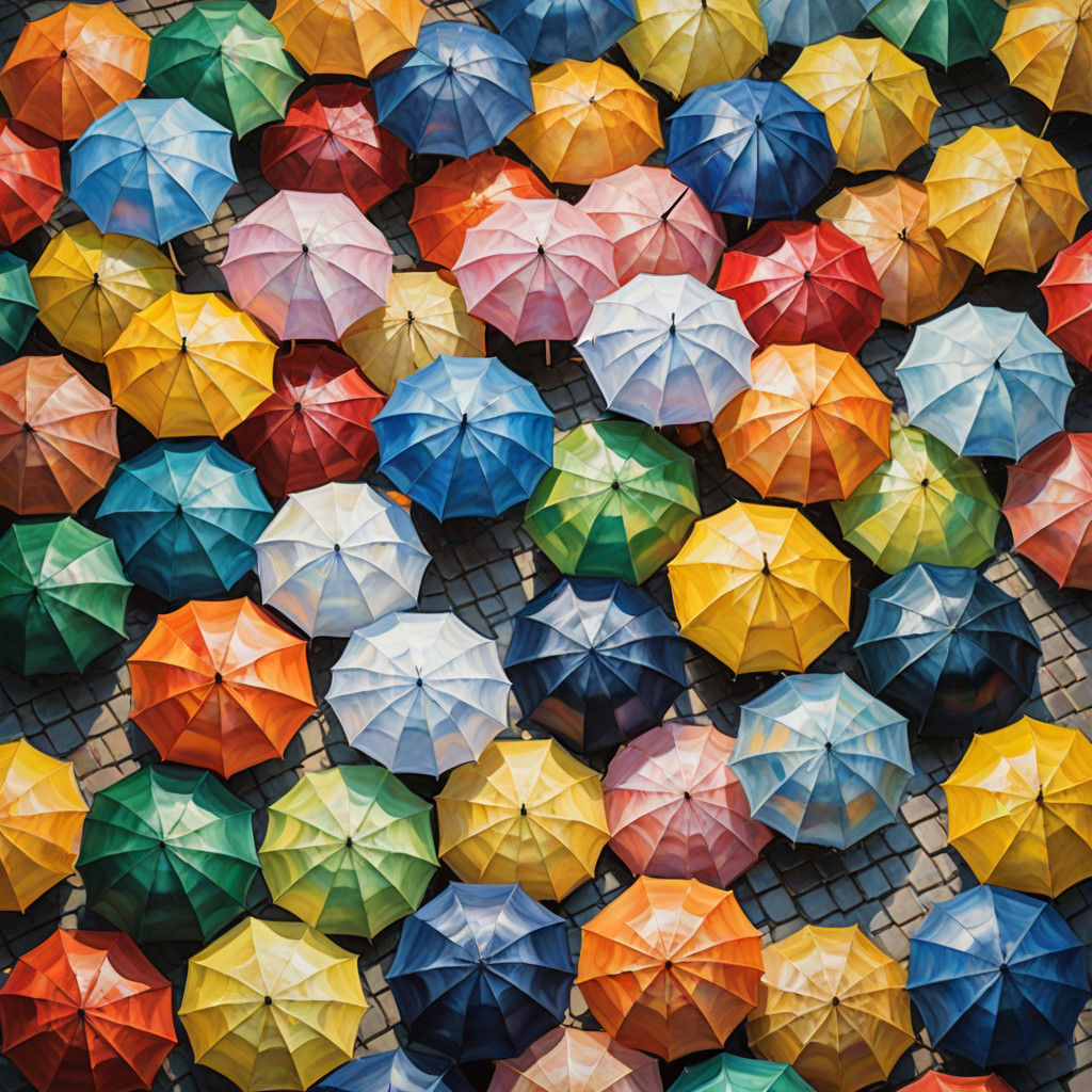 Whimsical Street Scene under Colorful Umbrellas