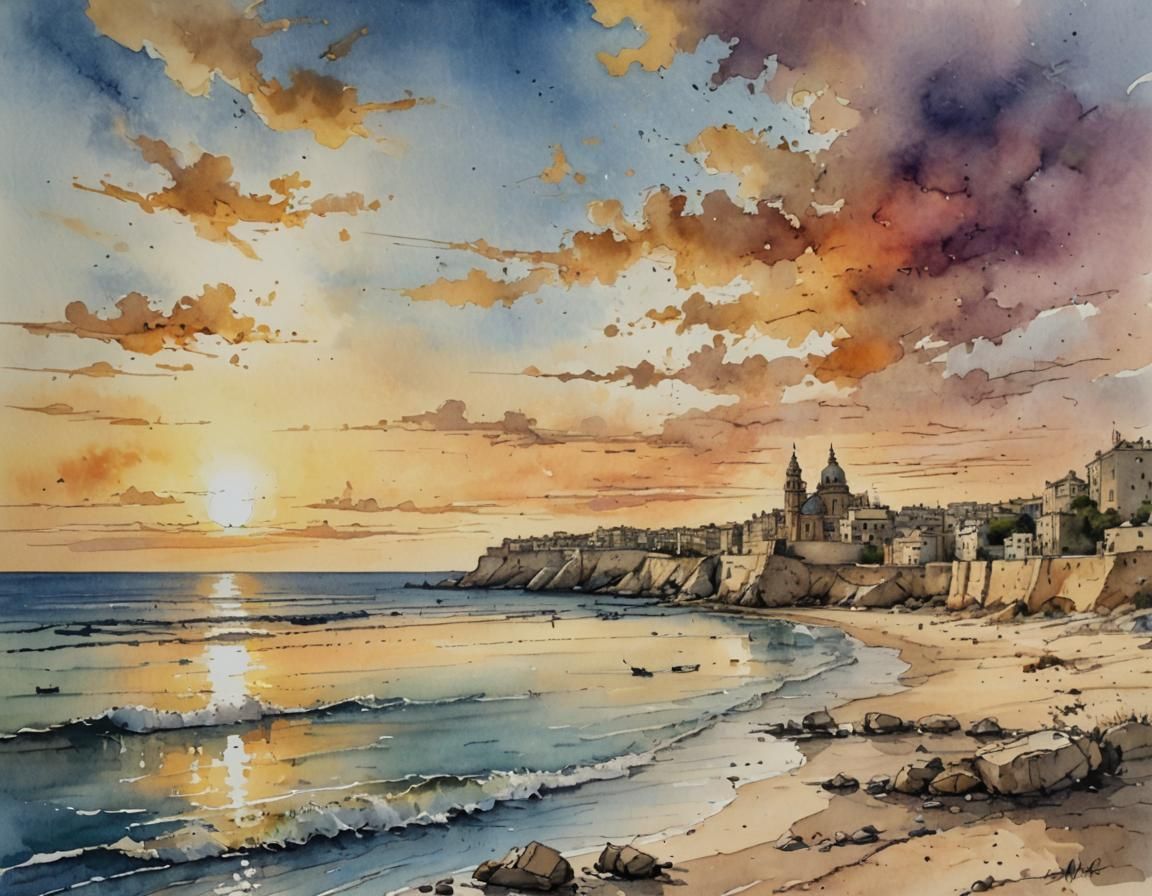 Malta Beach Landscape in Watercolor Style