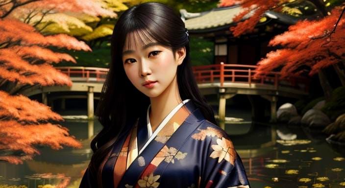 Japanese Woman in Autumn Kimono: Photorealistic Oil Painting