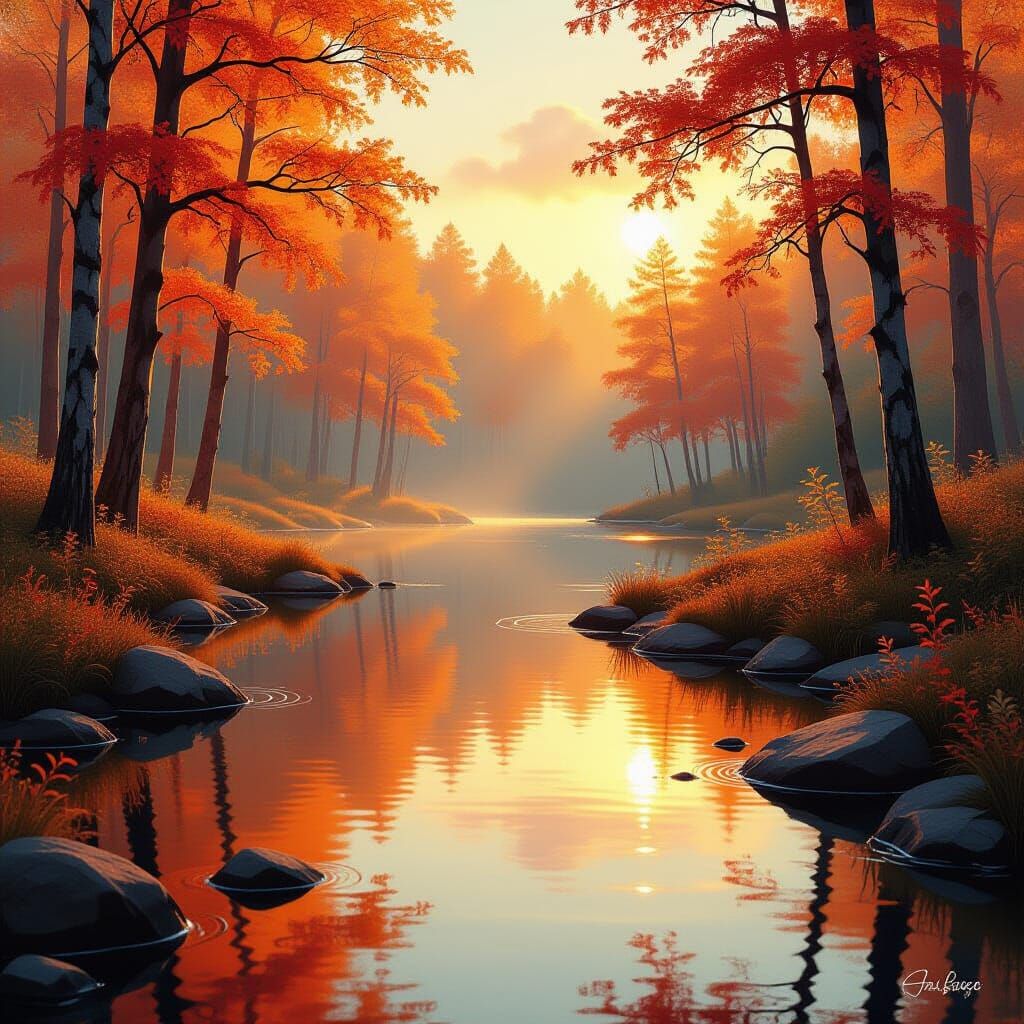 Autumn Landscape with Tranquil Pond in Watercolor Style