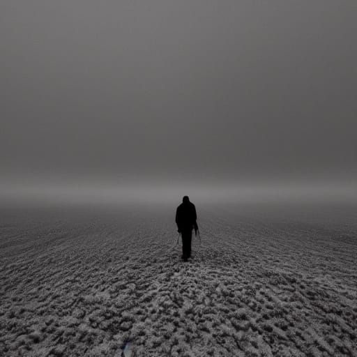 Desolate Figure in Muted Grey Landscape