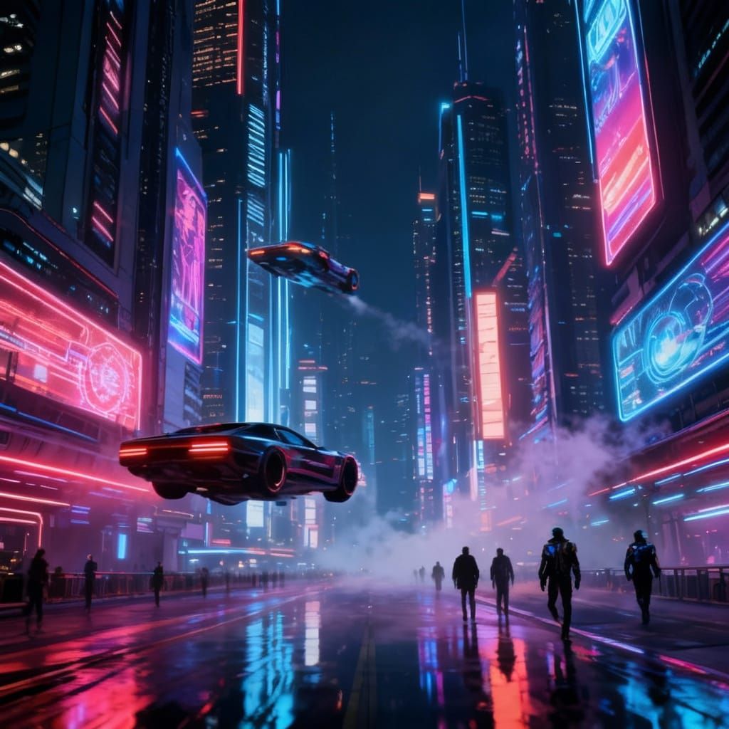 Futuristic Neon City at Night with Flying Cars