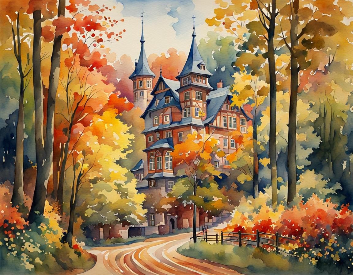 Autumn Town in Forest: Colorful Watercolor Painting