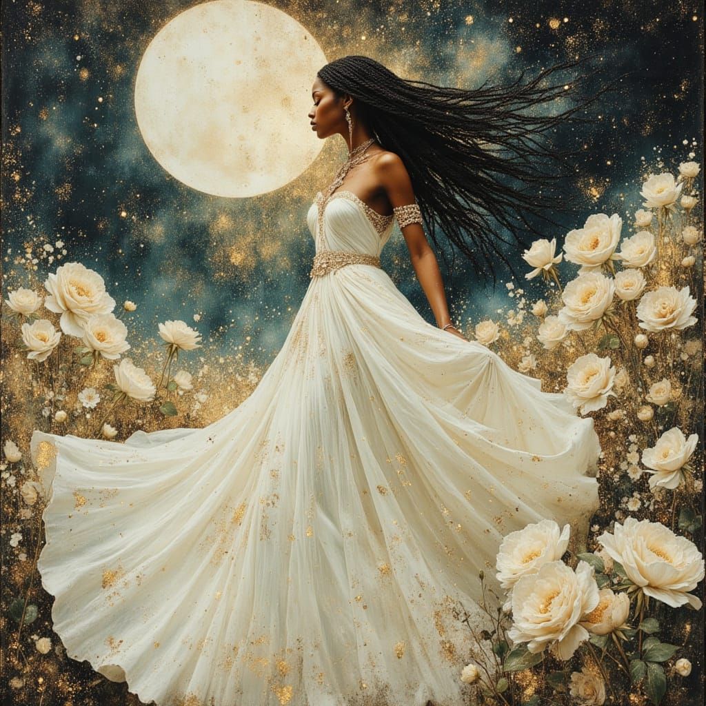 African Moon Goddess in White Fire Dress on Alien World