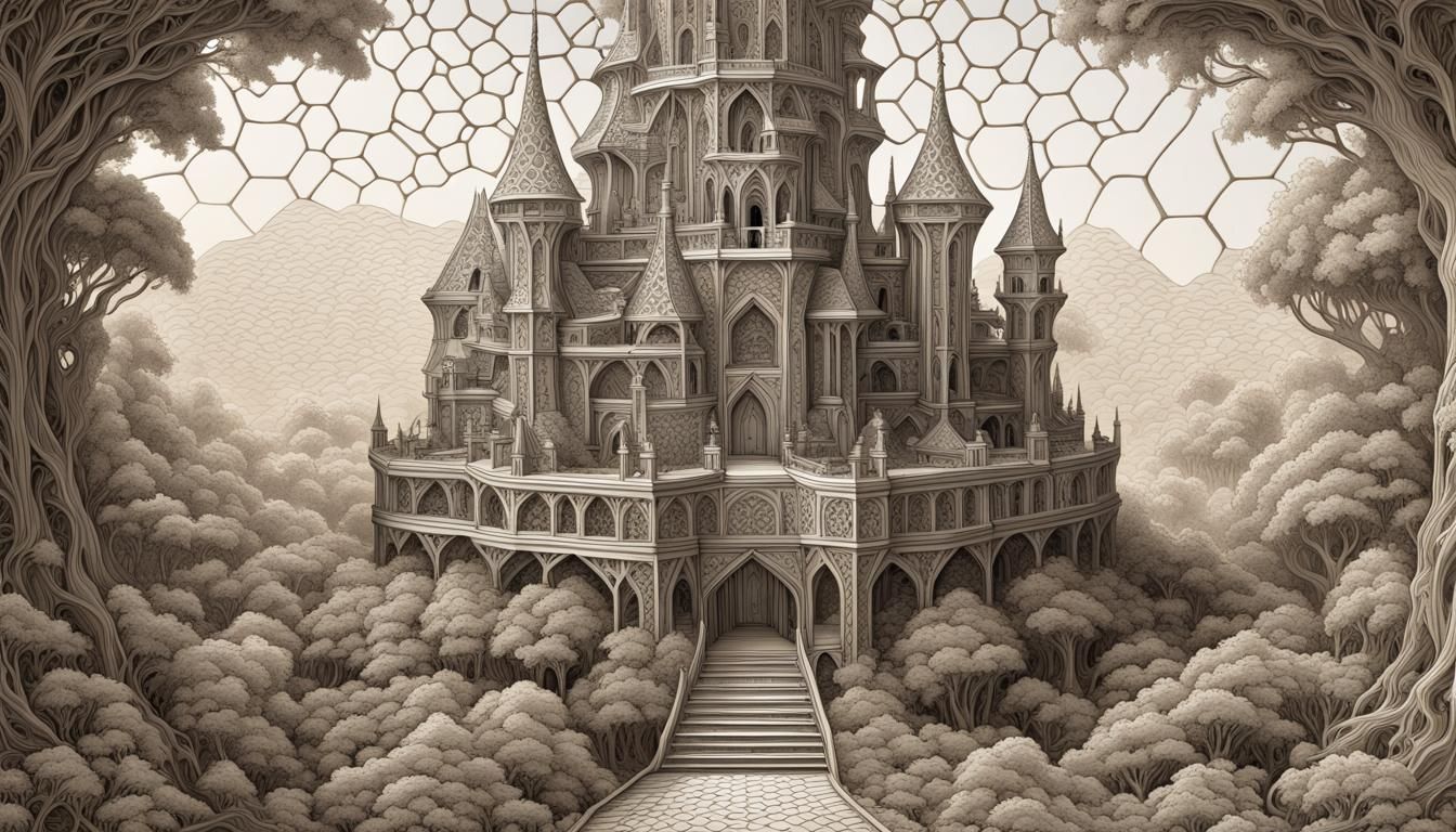 Intricate Fairy Castle Engraved in Honeycomb Lattice