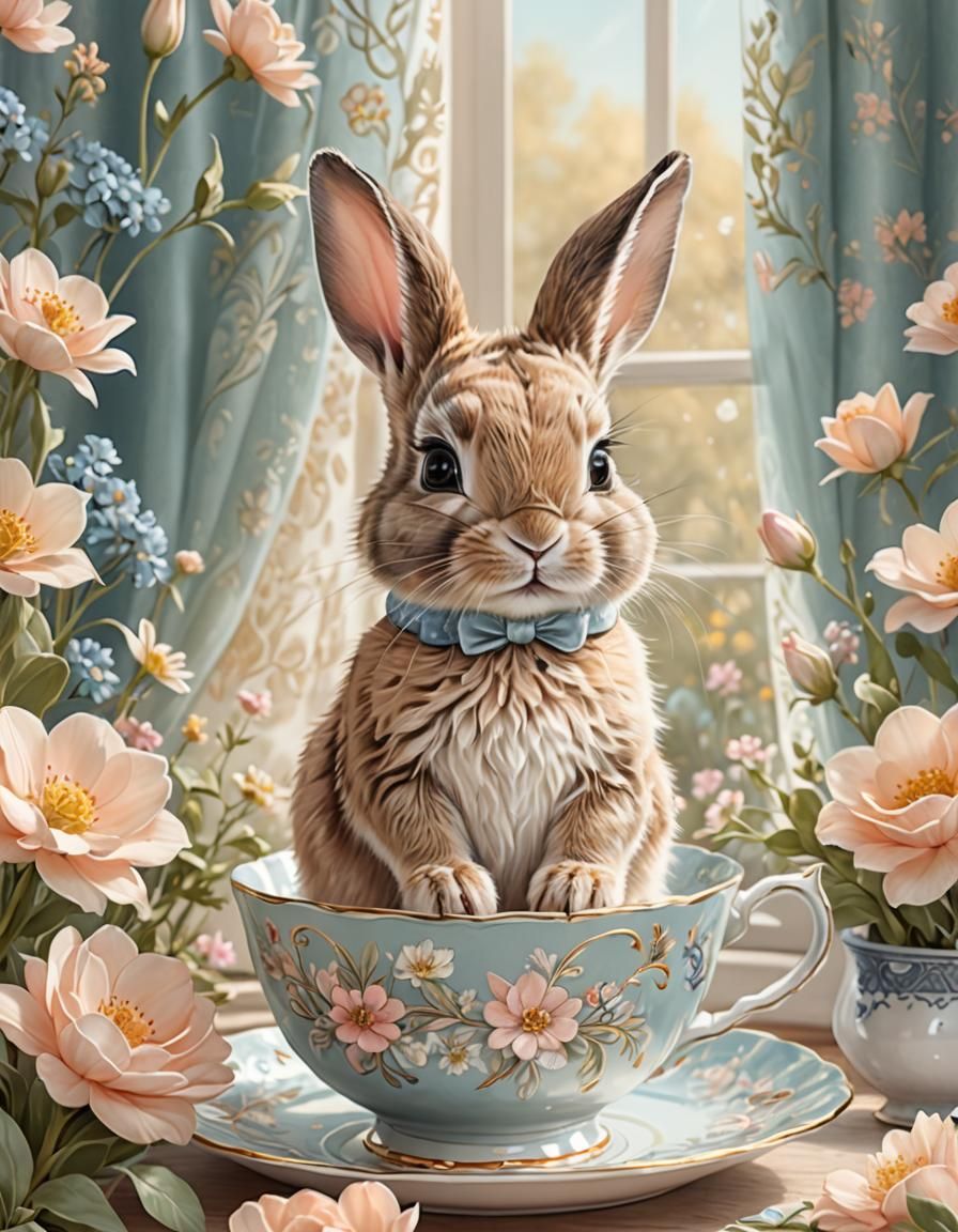 Pastel Bunny in Teacup: Whimsical Digital Art