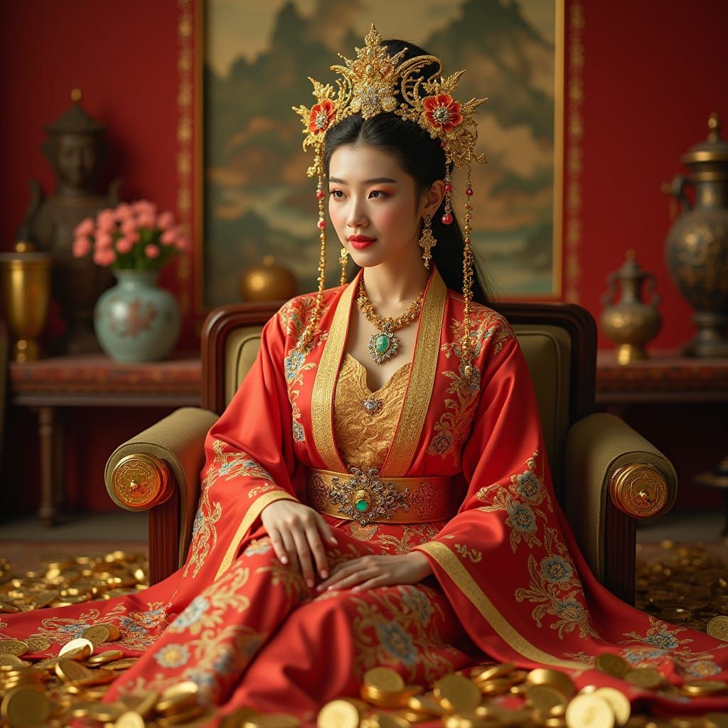 Majestic Portrait of a Chinese Goddess of Wealth