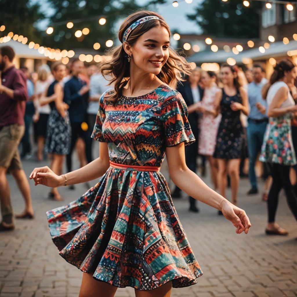 90s Girl Dancing in Retro Dress: Photo