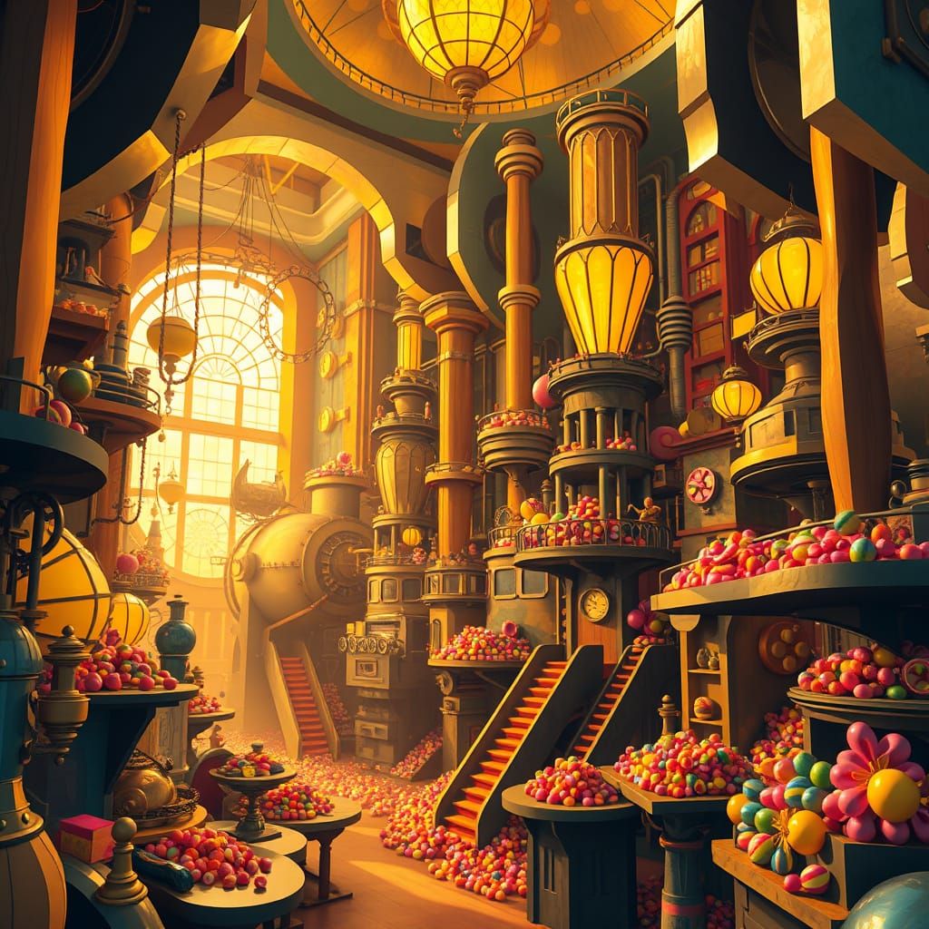 Fantastical Factory in Golden Light, Art Deco & Cubist Fusio...