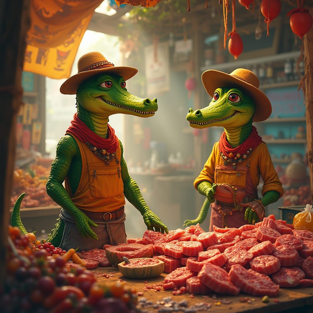Vibrant Crocodile Family in a Bustling Market Scene