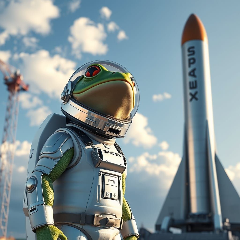 Frog Astronaut Beside SpaceX Rocket, Photorealistic Style