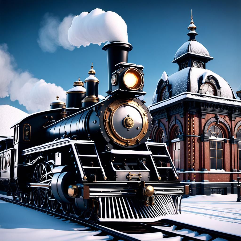 Snowy Victorian Railway Station with Steampunk Engine