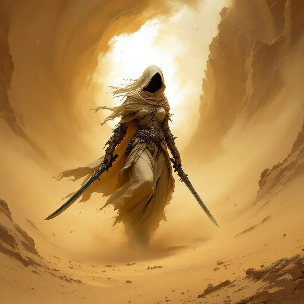 Desert Assassin Emerges from Sandstorm in Digital Art