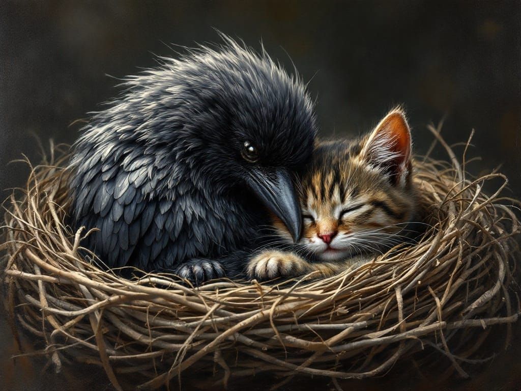 Impasto Oil Painting of a Crow's Nest with a Fuzzy Crow and ...