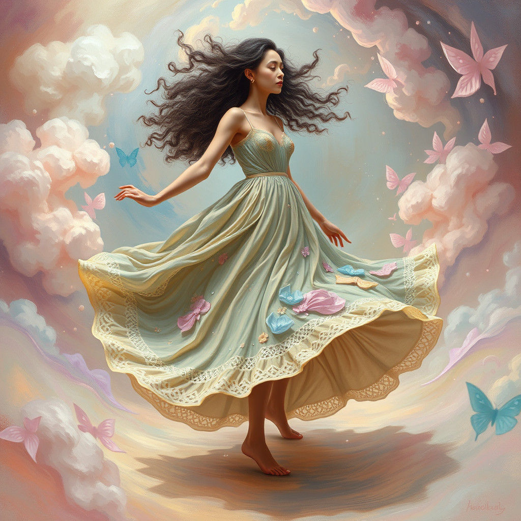 Woman in Flowing Dress Spinning in Surreal Dreamscape