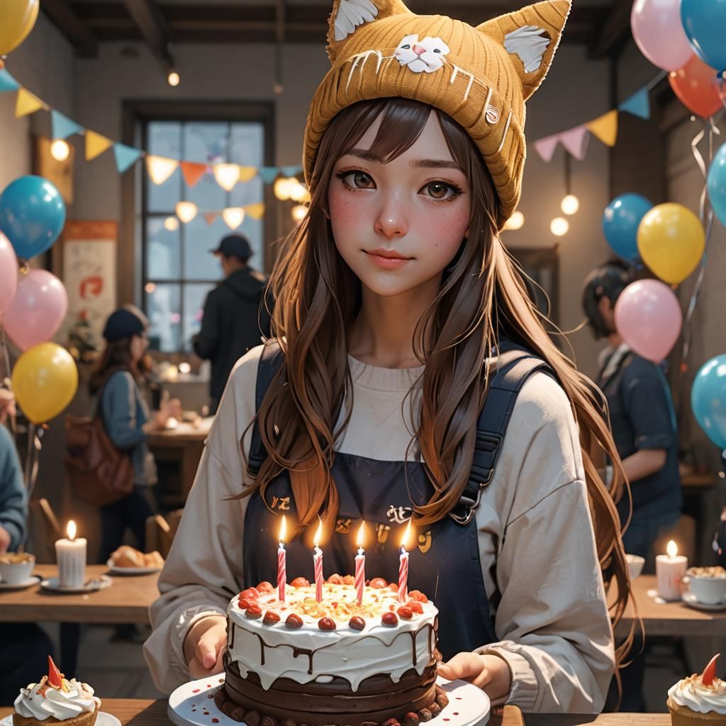 Anime Girl with Cat Beanie Holding Cake