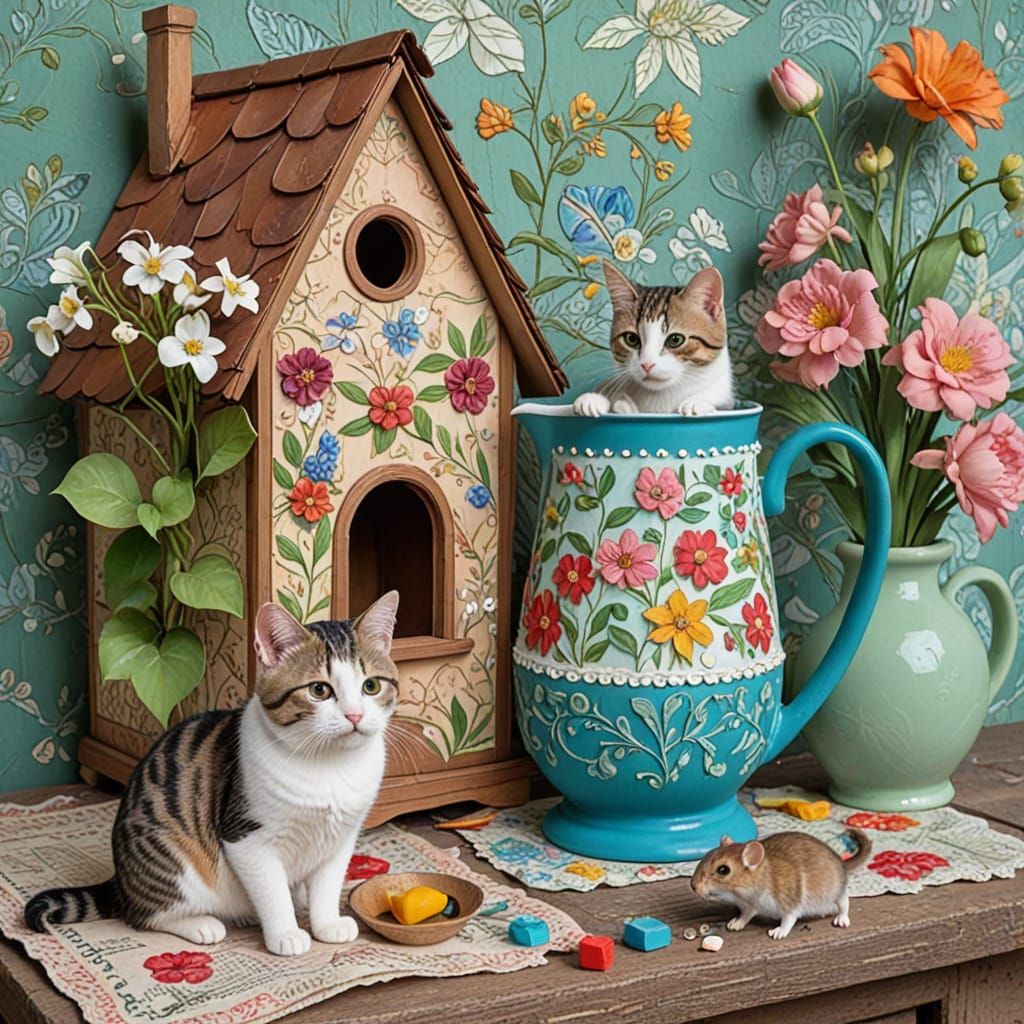 Whimsical Cartoon Cat and Kitten on Vintage Floral Backgroun...