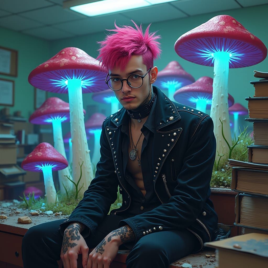 Man with Pink Hair and Mushrooms, Digital Art