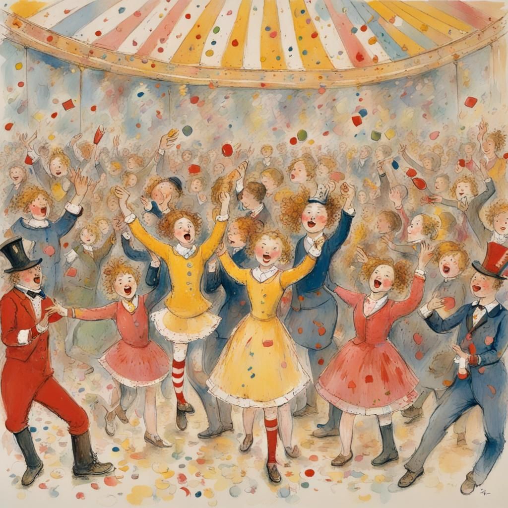 Celebration Scene with Confetti, Circus Parade Style