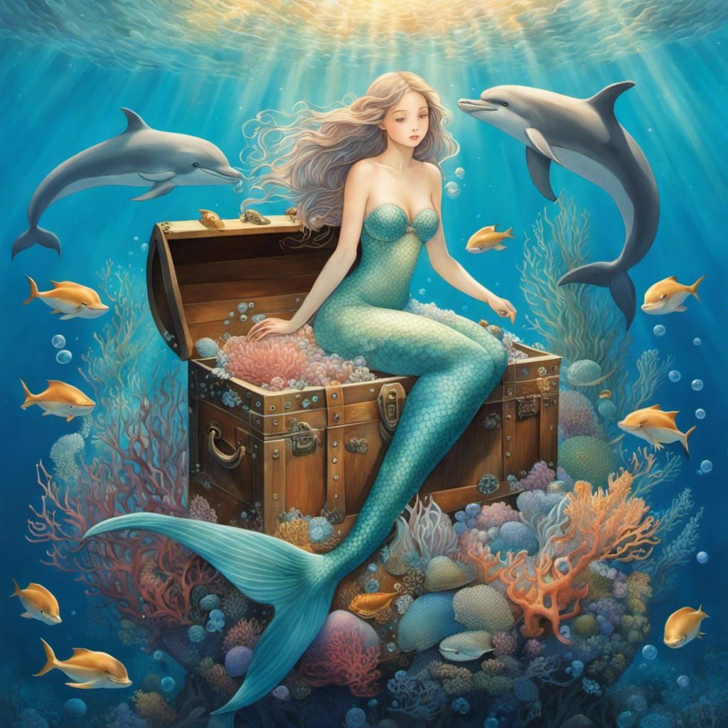 Mermaid on Treasure Chest with Sea Life