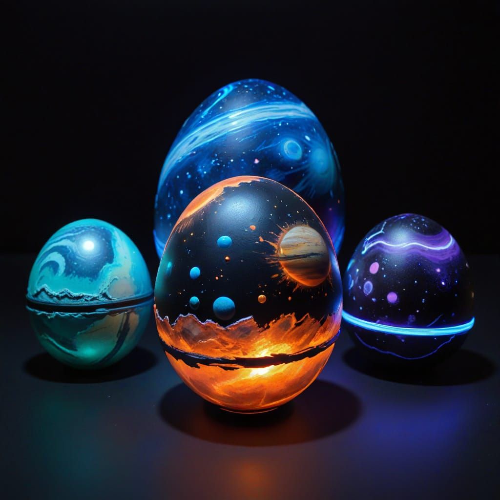Solar System Egg Art in Neon Colors and Black Lights