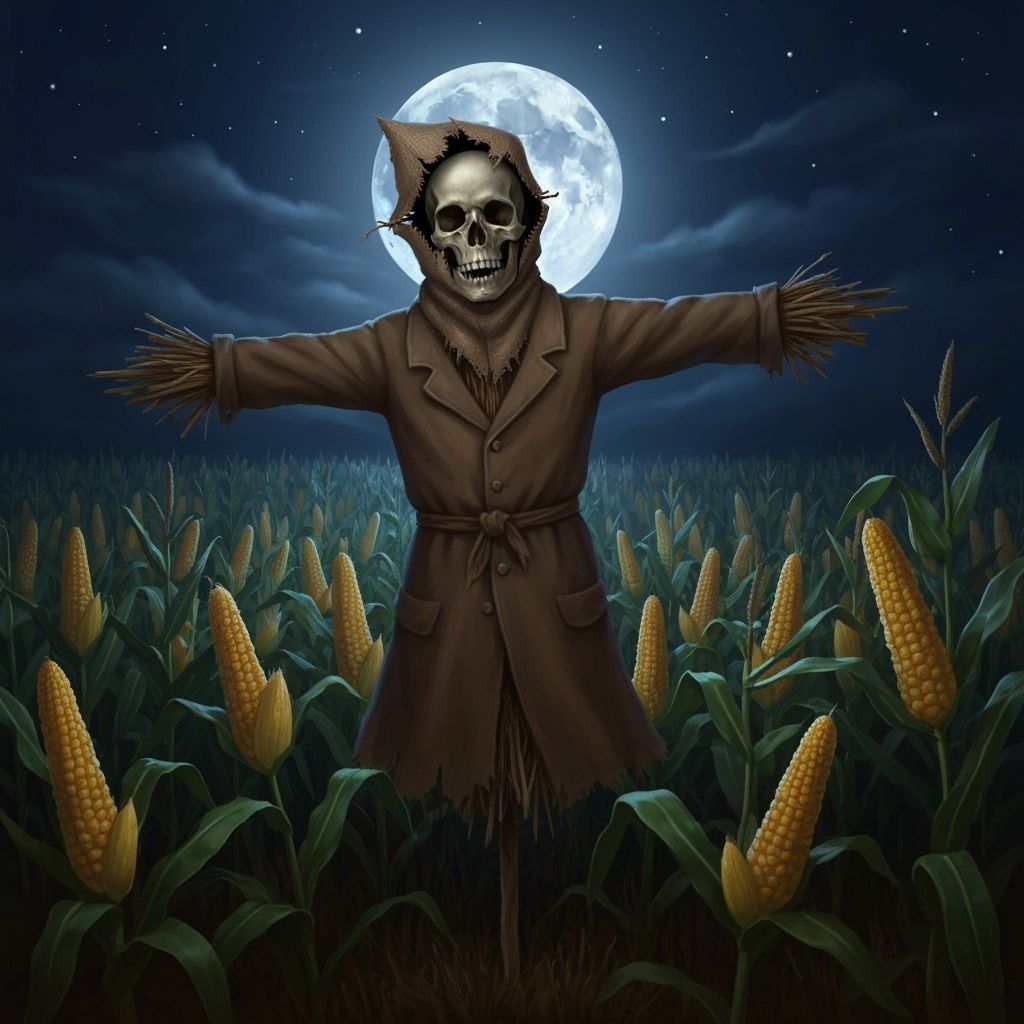 Eerie Scarecrow with Skull in Moonlit Cornfield Digital Pain...