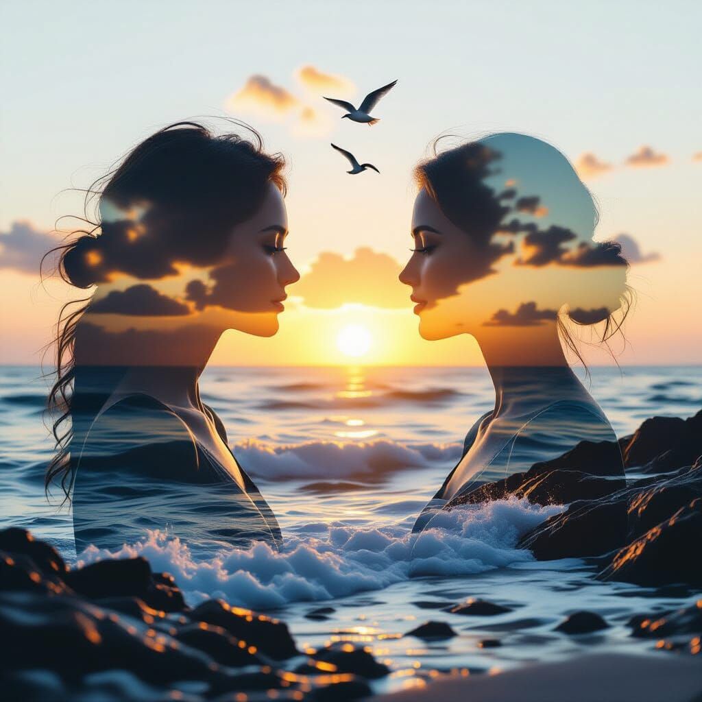 Woman Silhouette Merged with Tranquil Ocean Sunset