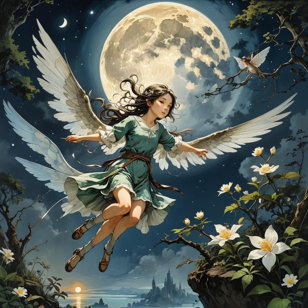 Fairy Flying Under Moon in Watercolor Style