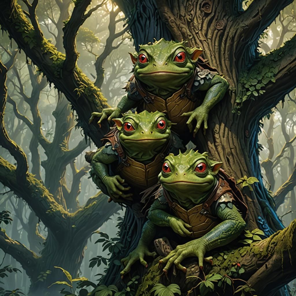 Scared Bullywug Children Hide in Tall Trees