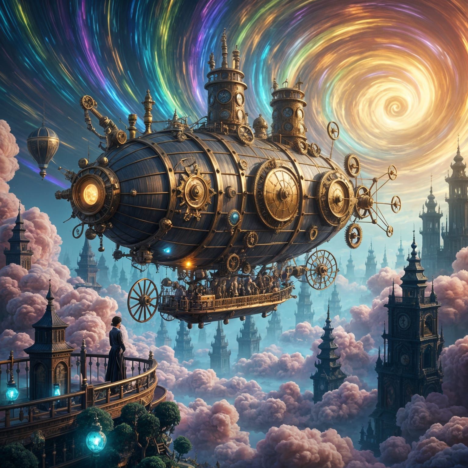 Steampunk Airship Glides Through Rainbow Vortex