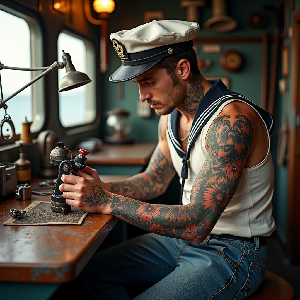 WWII Sailor Creating Tattoo in Sailor Jerry Style