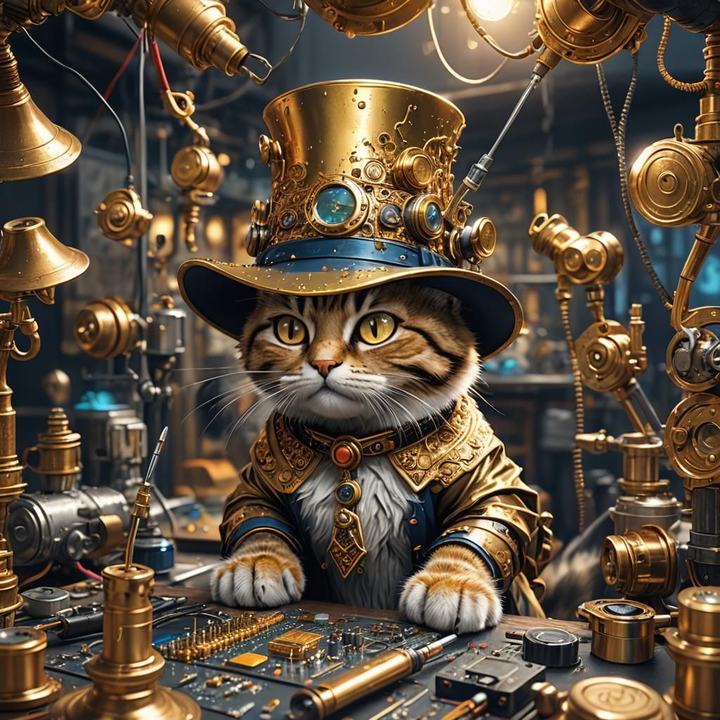 Cat Soldering Gold: Detailed Matte Painting