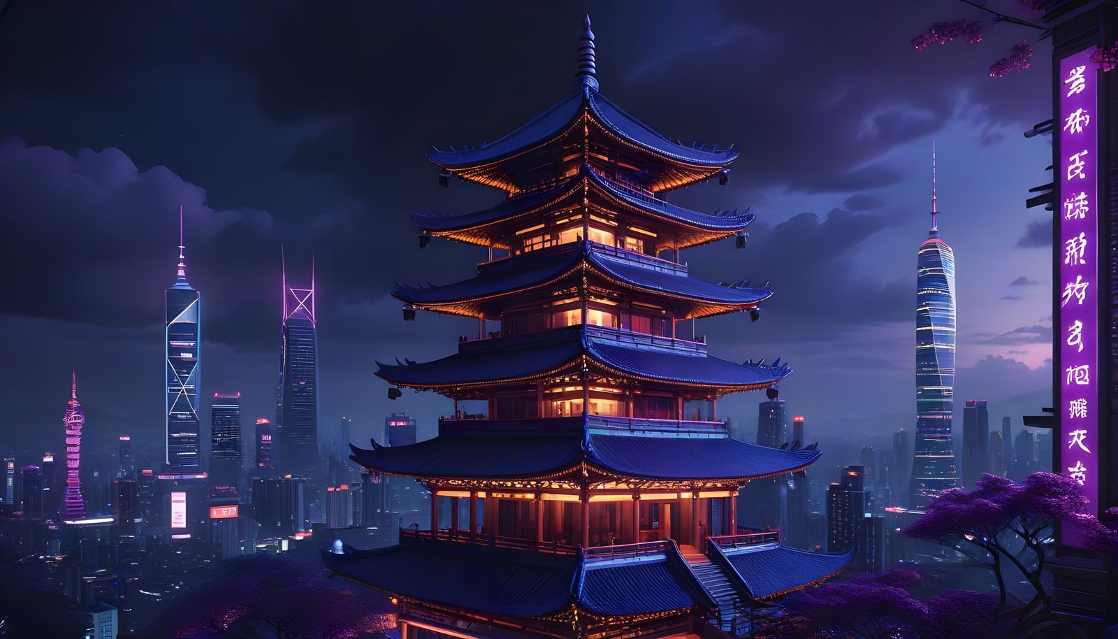 Pagoda Amidst Neon Cityscape at Night