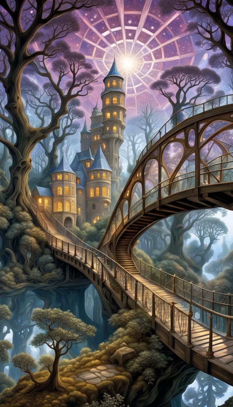 Hexagonal Fractal Glass Bridges: Fantasy Concept Art