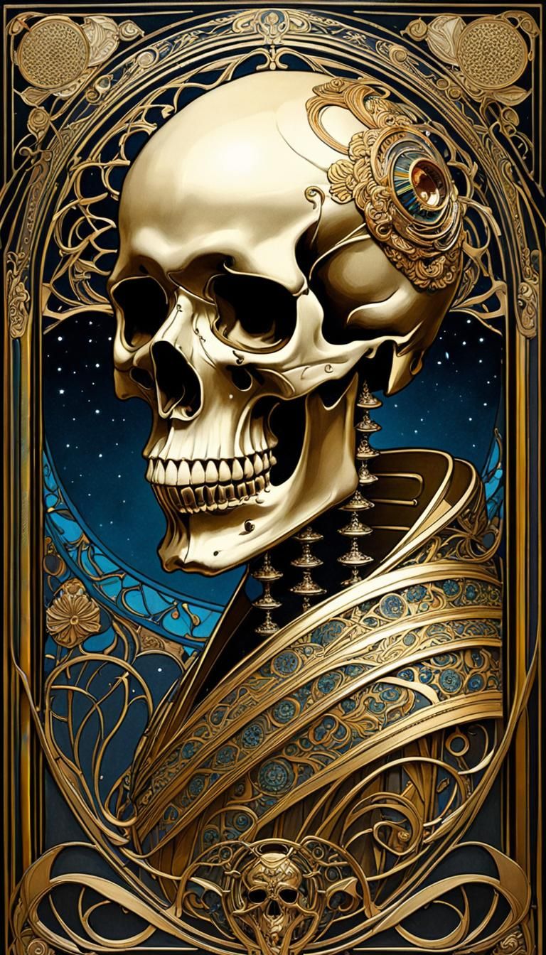 Art Nouveau Skull in Graveyard at Midnight
