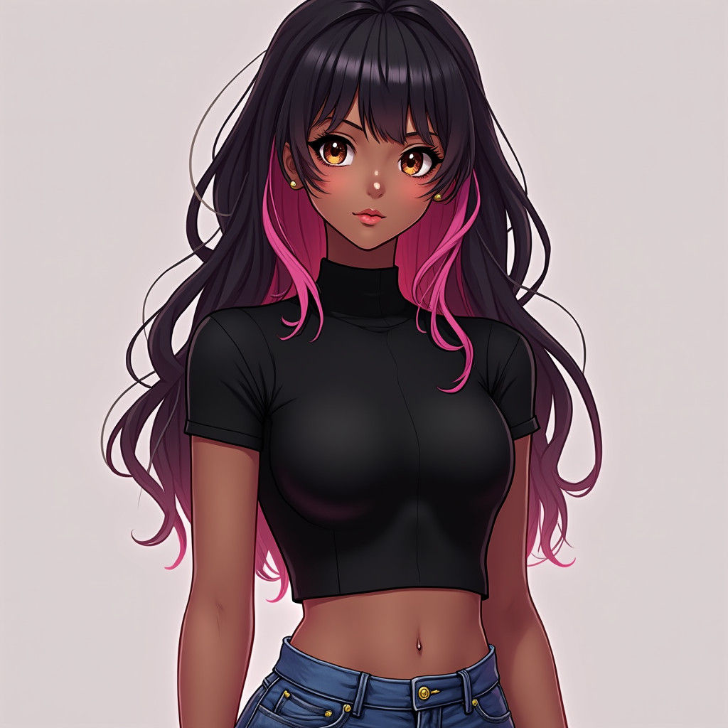 Anime Portrait: Black Hair with Pink Bangs
