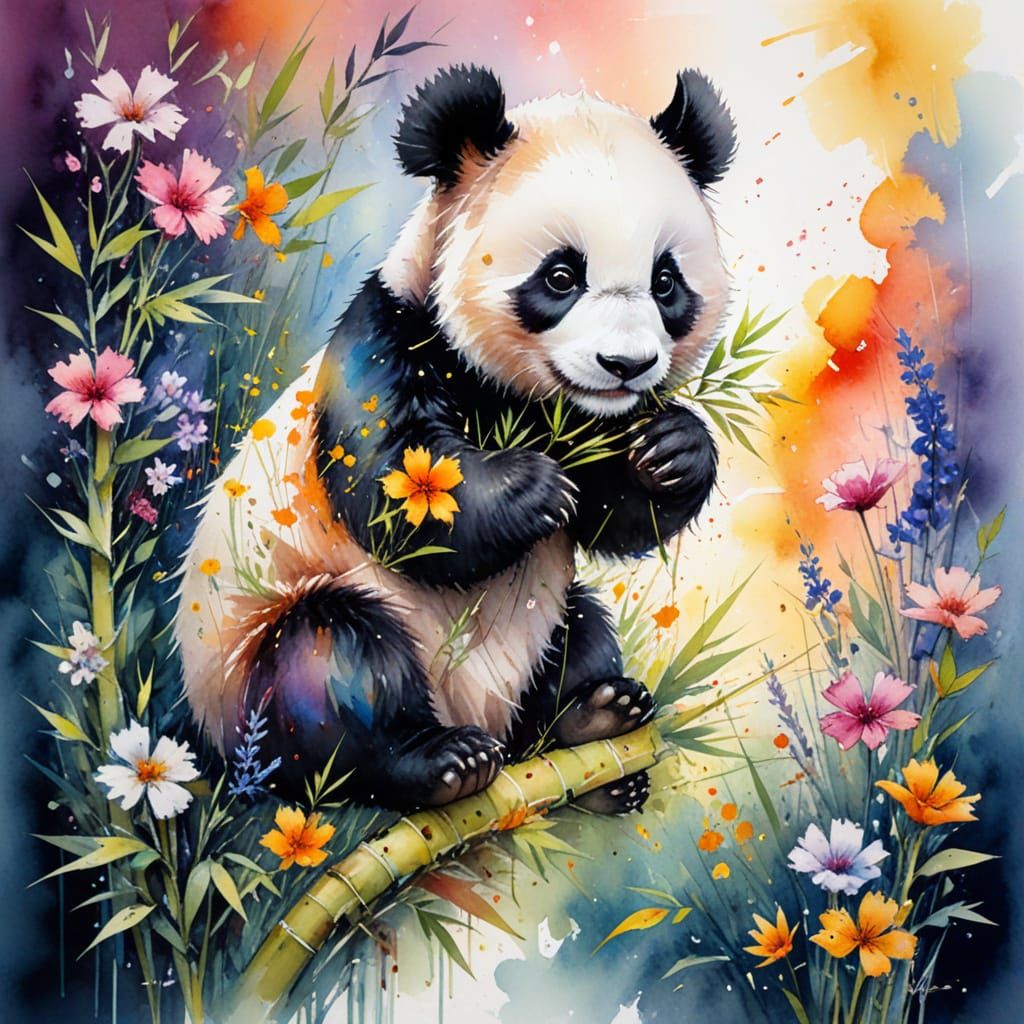 Baby Panda Eating Bamboo in Vibrant Watercolour Sunset