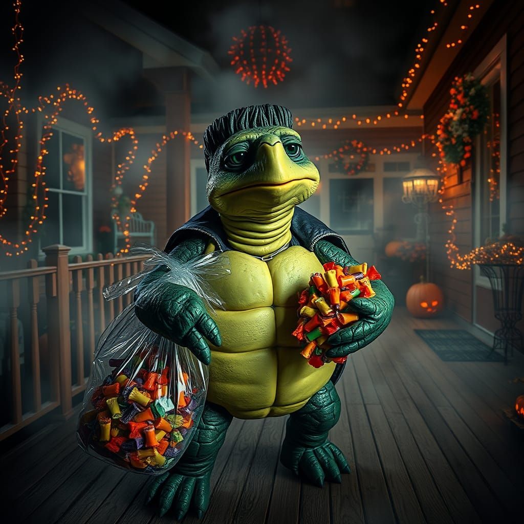Frankenstein Turtle with Halloween Candy and Decorations