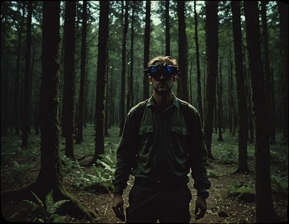 Night Vision Goggles in Dark Forest, Cinematic Film Still