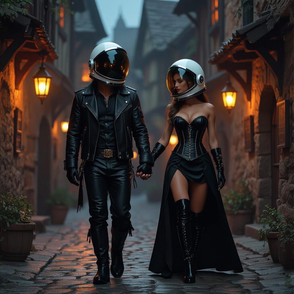 Couple in Leather & Astronaut Helmets in Medieval Alley
