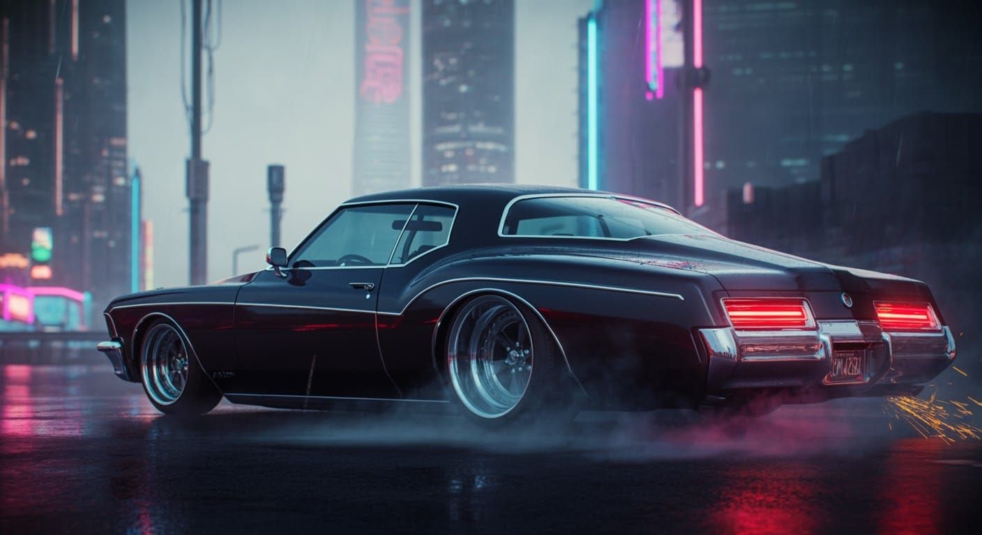 Buick Riviera Lowrider Drifting in Post-Futurist Cityscape