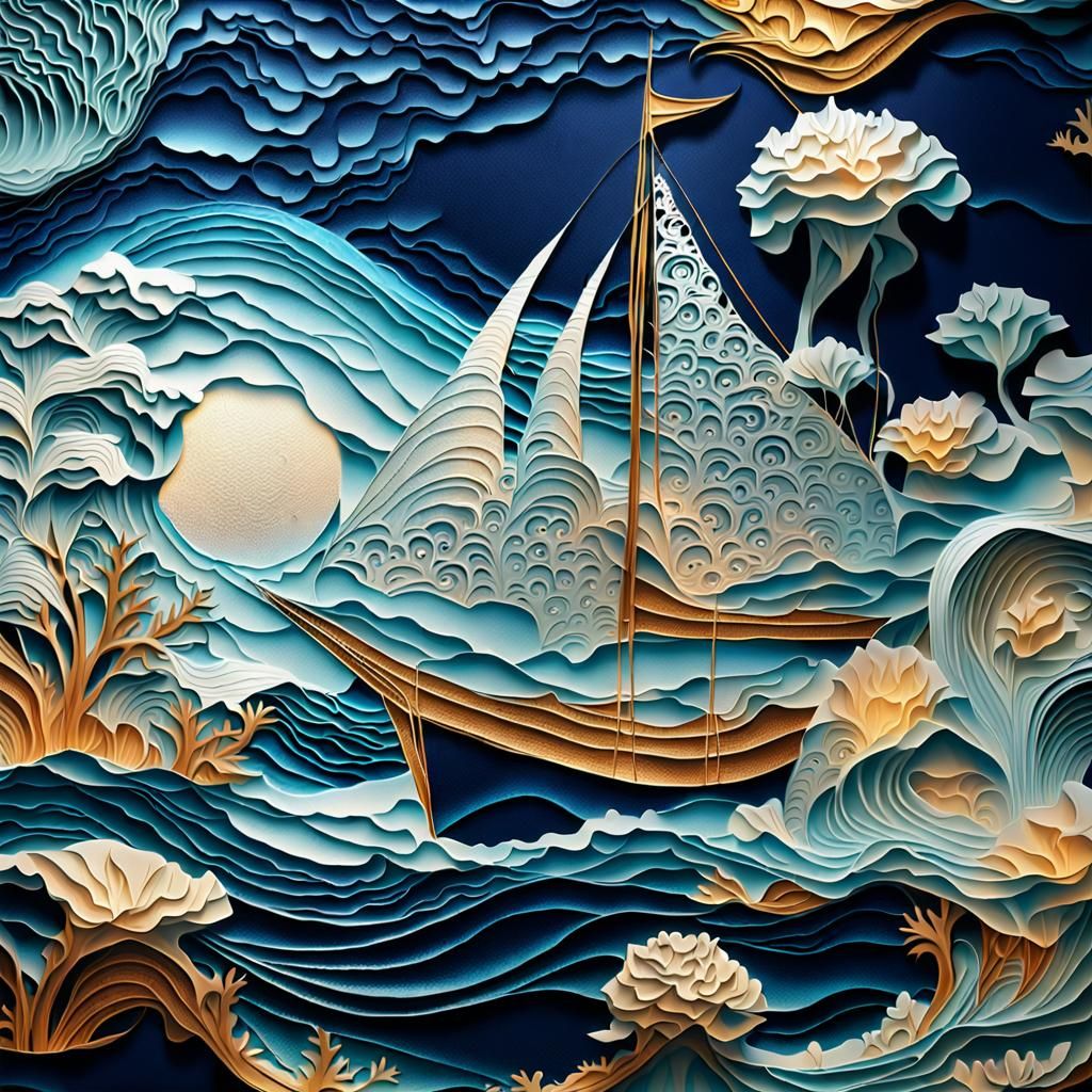 Delicate Kirigami on Navy Canvas with Volumetric Light