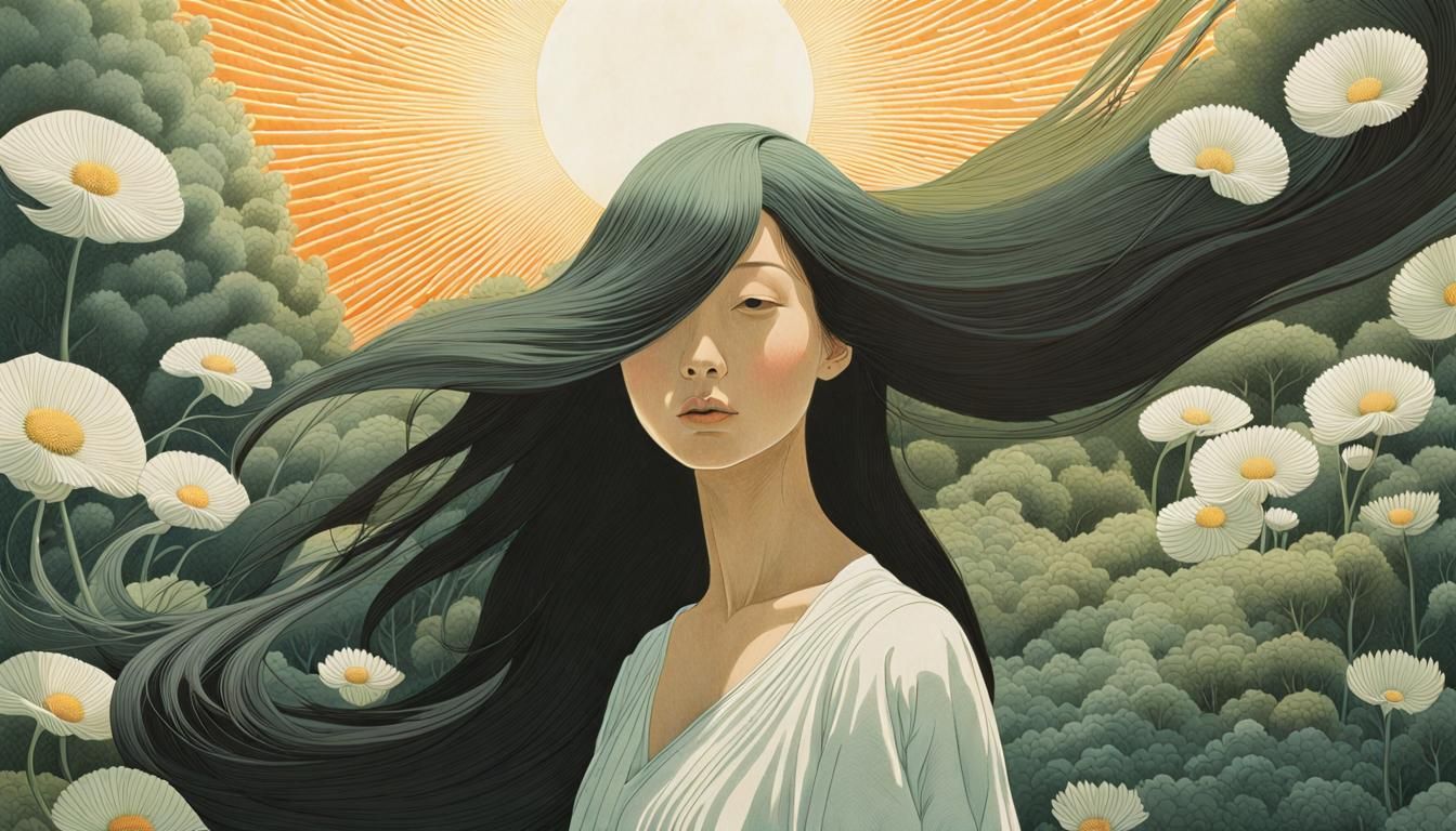 Woman with Flower in Warped Perspective as Etching