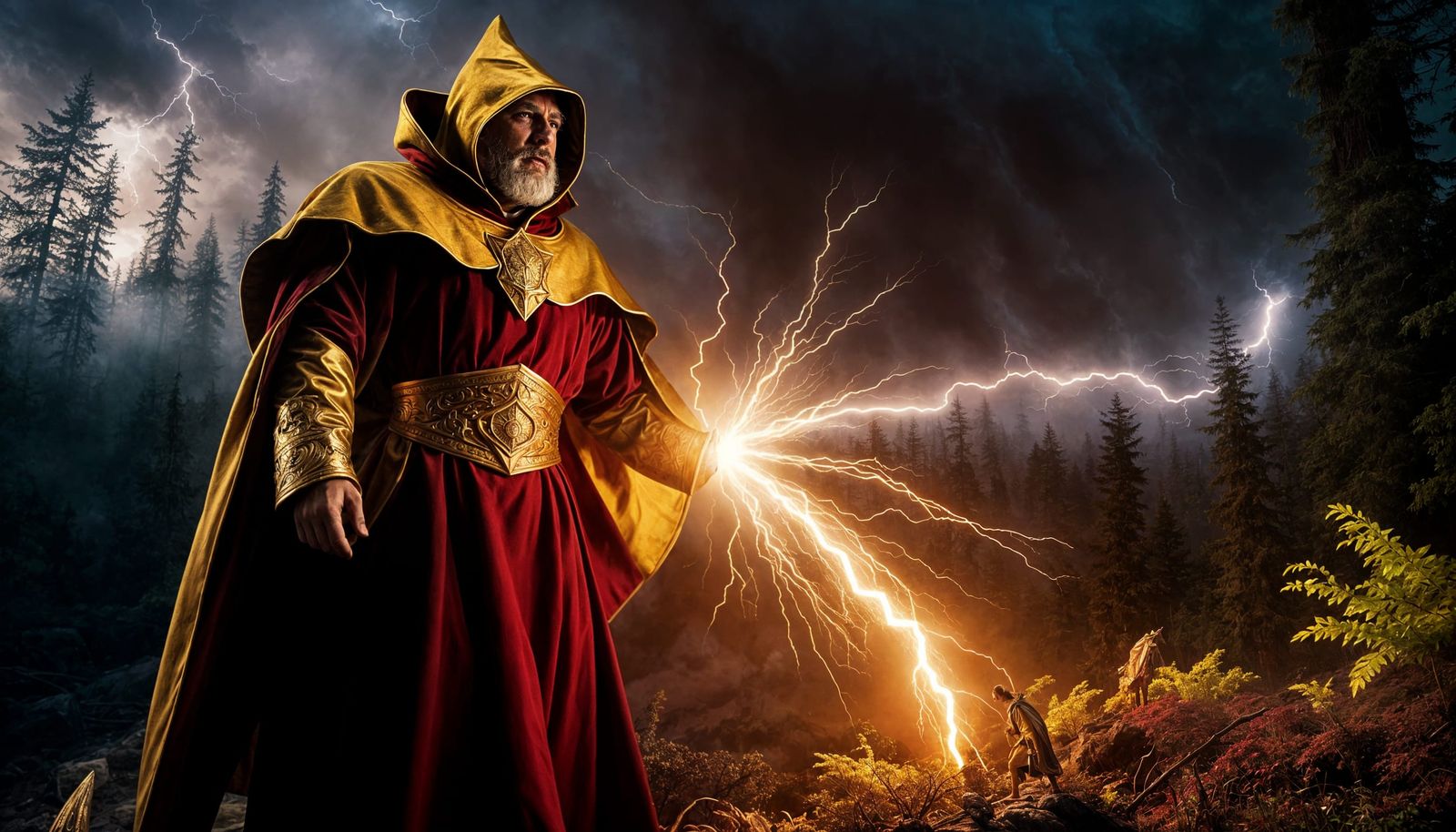 Mage Casts Lightning at Ogre in Hyperrealistic Style